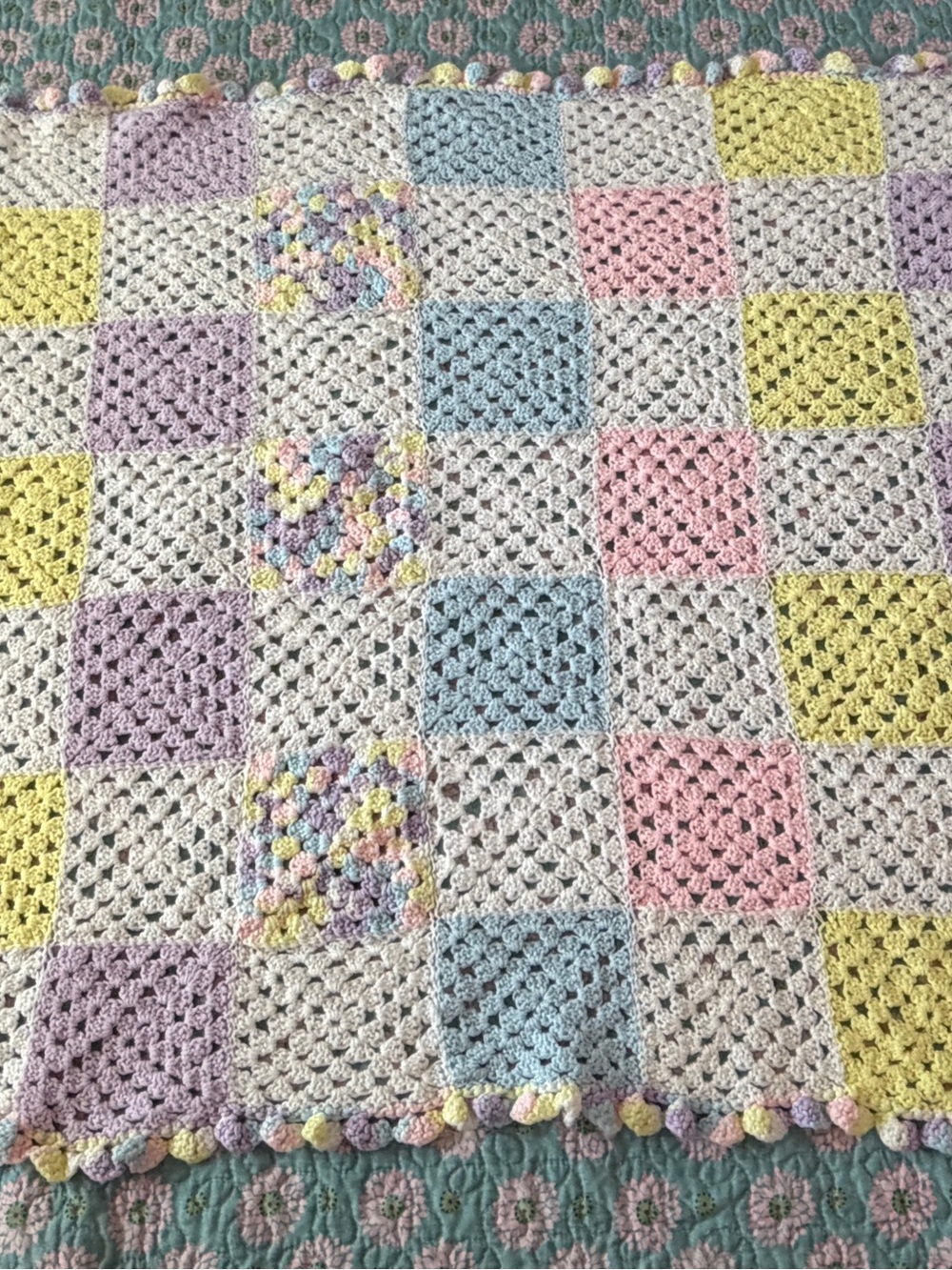 Pastel Patchwork Crochet Baby girl crib Blanket -nursery bedding handmade EUC